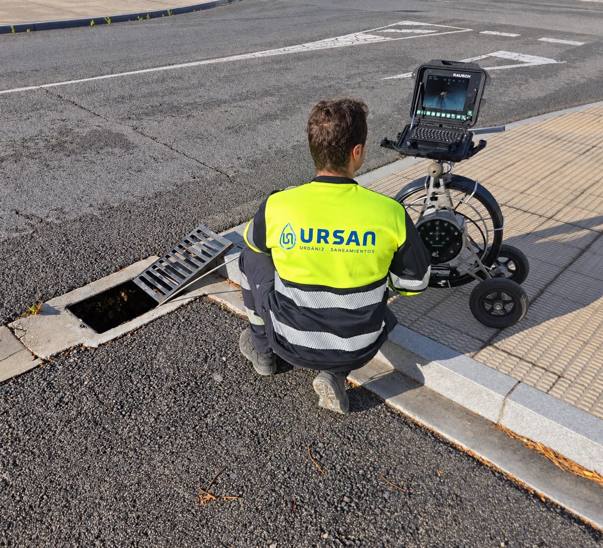 Profesional con ropa rotulada de URSAN junto a un sumidero y un equipo de inspección con cámara.